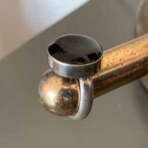 Vintage Silver Tone Black Stone Cabochon Ring Size 6– Modernist Statement